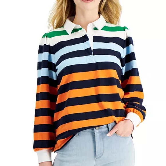 Charter Club Striped Long Sleeve Polo Shirt - Picture 1 of 5